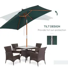 Outsunny 2m x 1.5m Garden Parasol Umbrella with Tilting Sunshade Canopy, Outdoor Market Table Umbrella with Wood and Bamboo Frame, Green - 4