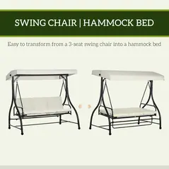 Outsunny 3 Seater Canopy Swing Chair, 2 in 1 Garden Swing Seat Bed, with Adjustable Canopy and Metal Frame, Cream White - 5