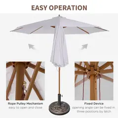 Outsunny 3 m Garden Parasol with Base, Pulley Operated Patio Umbrella, Wooden Parasol, Table Market Umbrella with Rope Pulley Mechanism and 8 Ribs, White - 4