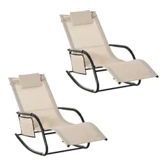 Outsunny 2PCs Outdoor Garden Rocking Chair, Patio Sun Lounger Rocker Chair with Breathable Mesh Fabric, Removable Headrest Pillow, Armrest, Side Storage Bag, Cream White - 1