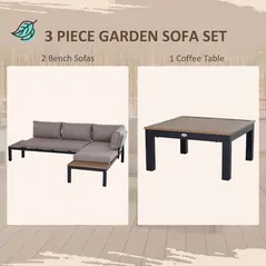 Outsunny 3 Pieces Garden Furniture Set, Aluminium 4 Seater Corner Sofa Set with 2 Loveseats, Coffee Table and Side Trays, Outdoor Conversation Furniture with Cushions for Garden, Black - 4