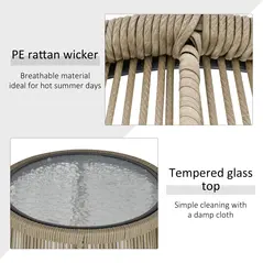 Outsunny 3 Pieces Rattan Bistro Set, Wicker Garden Furniture Set with Cushions, Glass Top Coffee Table and Chairs for Outdoor, Patio, Balcony, Brown - 5