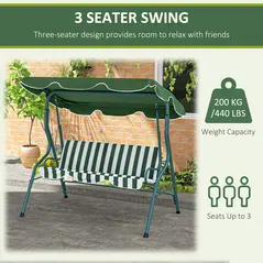 Outsunny 3 Seater Garden Swing Seat Chair Outdoor Bench with Adjustable Canopy and Metal Frame, Green Stripes - 6