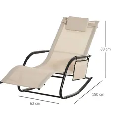 Outsunny 2PCs Outdoor Garden Rocking Chair, Patio Sun Lounger Rocker Chair with Breathable Mesh Fabric, Removable Headrest Pillow, Armrest, Side Storage Bag, Cream White - 3