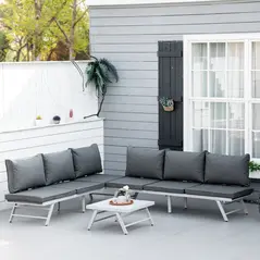 Outsunny 3 Pieces Garden Furniture Sets, 6 Seater Corner Sofa Set with Adjustable Backrest Chase Lounge with Slatted Metal Top Table, Padded Cushion, Grey - 2