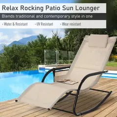 Outsunny 2PCs Outdoor Garden Rocking Chair, Patio Sun Lounger Rocker Chair with Breathable Mesh Fabric, Removable Headrest Pillow, Armrest, Side Storage Bag, Cream White - 4