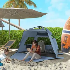 Outsunny 2-3 Person Pop Up Beach Tent, UPF15+ Sun Shelter with Extended Floor, Sandbags, Mesh Windows and Carry Bag, Light Blue - 2