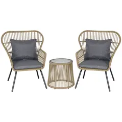 Outsunny 3 Pieces Rattan Bistro Set, Wicker Garden Furniture Set with Cushions, Glass Top Coffee Table and Chairs for Outdoor, Patio, Balcony, Brown - 1