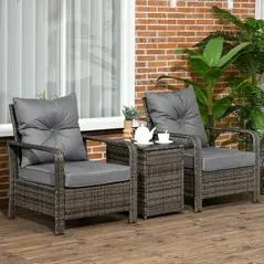 Outsunny 3 Pieces Rattan Bistro Set, Wicker Garden Furniture Set with Storage Coffee Table and Chairs, Thickened Cushions for Outdoor, Patio, Balcony, Grey - 2