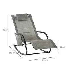 Outsunny 2PCs Outdoor Garden Rocking Chair, Patio Sun Lounger Rocker Chair with Breathable Mesh Fabric, Removable Headrest Pillow, Armrest, Side Storage Bag, Dark Grey - 3