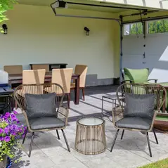 Outsunny 3 Pieces Rattan Bistro Set, Wicker Garden Furniture Set with Cushions, Glass Top Coffee Table and Chairs for Outdoor, Patio, Balcony, Grey - 2