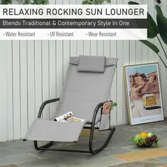 Outsunny 2PCs Outdoor Garden Rocking Chair, Patio Sun Lounger Rocker Chair with Breathable Mesh Fabric, Removable Headrest Pillow, Armrest, Side Storage Bag, Grey - 4