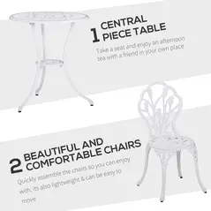 Outsunny 3 Piece Patio Bistro Set for 2, Outdoor Aluminium Garden Table and Chairs with Umbrella Hole for Balcony, White - 4