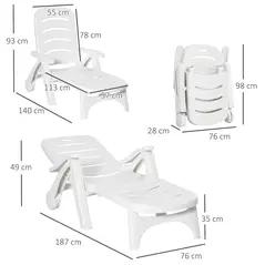 Outsunny 2PCs Outdoor Folding Sun Lounger Recliner on Wheels w/ 5-Position Backrest, White - 3