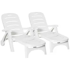 Outsunny 2PCs Outdoor Folding Sun Lounger Recliner on Wheels w/ 5-Position Backrest, White - 1