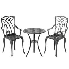 Outsunny 3 Pieces Garden Dining Set for 2, Cast Aluminium Outdoor Dining Set with 2 Armchairs and Round Dining Table with Parasol Hole, Garden Furniture Set, Brown - 1
