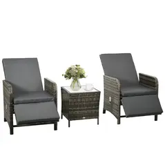 Outsunny 3 Pieces Rattan Bistro Set Balcony Furniture with Cushions, Storage Function - Dark Grey - 1