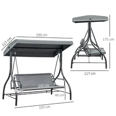 Outsunny 3 Seater Canopy Swing Chair, 2 in 1 Garden Swing Seat Bed, with Adjustable Canopy and Metal Frame, Dark Grey - 3