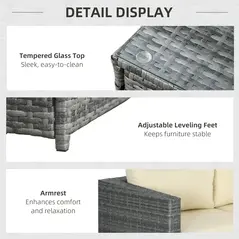 Outsunny 3 Pieces PE Rattan Garden Furniture Set with 10 cm Thick Cushions, 4 Seater Garden Corner Sofa Set with Glass Top Coffee Table, Outdoor Furniture for Patio, Porch, Beige - 6