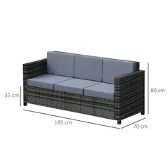 Outsunny 3 Seater All Weather Outdoor Sofa, Garden Rattan Sofa with Cushions and Mental Frame, Grey - 3