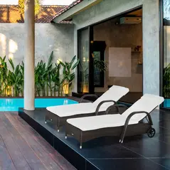 Outsunny 2PC Rattan Sun Lounger Recliner Bed Reclining Chair Patio Garden Outdoor Wicker Weave Adjustable Headrest with Fire Retardant Cushion – Brown - 2