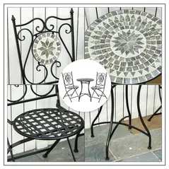 Outsunny 3 Pcs Mosaic Tile Garden Bistro Set Outdoor Seating w/ Table 2 Folding Chairs Set Metal Frame Elegant Scrolling Indoor Patio Balcony - 7