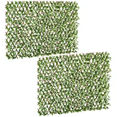 Outsunny 2pc Expanding Garden Trellis, 2 x 1m Faux Decorative Privacy Fence with Artificial Leaves, Privacy Screen Greenery Walls for Garden Balcony, Eucalyptus Leaves - 1