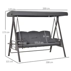 Outsunny 3 Seater Garden Swing Chair Outdoor Hammock Bench w/ Adjustable Canopy, Cushions and Cup Trays, Brown Steel Frame, Dark Grey Fabric - 3