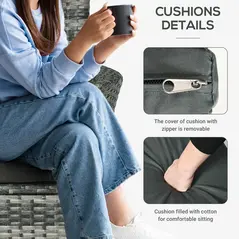 Outsunny 3 Pieces Rattan Bistro Set, Wicker Garden Furniture Set with 2-Tier Coffee Table and Chairs, Washable Cushions, for Outdoor Patio Balcony, Mixed Grey - 6