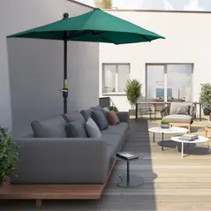 Outsunny 2m Half Parasol Market Umbrella Garden Balcony Parasol with Crank Handle, Base, Double-Sided Canopy, Dark Green - 2