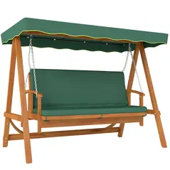 Outsunny 3 Seater 2-in-1 Wooden Garden Swing Seat Swing Chair Outdoor Convertible Hammock Bench Furniture Lounger Bed Wood, Dark Green - 1