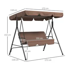 Outsunny 3 Seater Garden Swing Chair, Outdoor Swing Chair with Adjustable Canopy, Mental Frame & Cushions, Brown - 3