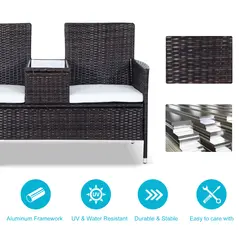 Outsunny 2-Seater Rattan Chair Furniture Set W/ Middle Tea Table-Brown - 4