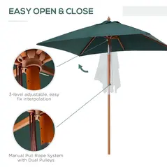 Outsunny 2m x 1.5m Garden Parasol Umbrella with Tilting Sunshade Canopy, Outdoor Market Table Umbrella with Wood and Bamboo Frame, Green - 6