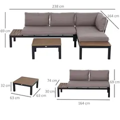 Outsunny 3 Pieces Garden Furniture Set, Aluminium 4 Seater Corner Sofa Set with 2 Loveseats, Coffee Table and Side Trays, Outdoor Conversation Furniture with Cushions for Garden, Black - 3