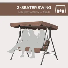 Outsunny 3 Seater Garden Swing Chair, Outdoor Swing Chair with Adjustable Canopy, Mental Frame & Cushions, Brown - 6