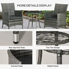 Outsunny 3 Pieces Rattan Bistro Set, Wicker Garden Furniture Set with 2-Tier Coffee Table and Chairs, Washable Cushions, for Outdoor Patio Balcony, Mixed Grey - 5