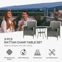 Outsunny 3 Pieces Rattan Bistro Set, Wicker Garden Furniture Set with 2-Tier Coffee Table and Chairs, Washable Cushions, for Outdoor Patio Balcony, Mixed Grey - 4