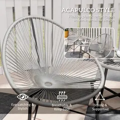 Outsunny 3 Pieces Rattan Bistro Set, Garden Bistro Set with Acapulco Chairs and Glass Top Table, Small Garden Furniture Set with Reinforced Metal Frame for Outdoor, Patio, Balcony, Grey - 5