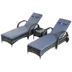 Outsunny 3 Pieces Rattan Sun Loungers, Garden Wicker Wheeling Recliner , PE Rattan Lounge Chairs w/ Cushions & Side Coffee Table Grey - 1