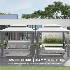 Outsunny 3 Seater Convertible Swing Chair, Outdoor Gazebo Swing Seat Bed with Double Tier Canopy, Cushioned Seat, Mesh Sidewalls, Light Grey - 4