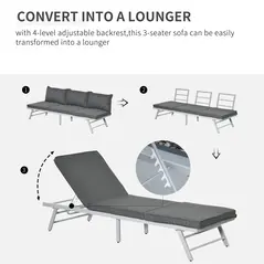 Outsunny 3 Pieces Garden Furniture Sets, 6 Seater Corner Sofa Set with Adjustable Backrest Chase Lounge with Slatted Metal Top Table, Padded Cushion, Grey - 5