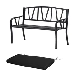 Outsunny 2-Seater Garden Bench with Cushion, Metal Loveseat, Slatted Outdoor Park Chair with Decorative Backrest and Armrest, Black - 1