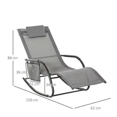 Outsunny 2PCs Outdoor Garden Rocking Chair, Patio Sun Lounger Rocker Chair with Breathable Mesh Fabric, Removable Headrest Pillow, Armrest, Side Storage Bag, Grey - 3