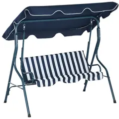 Outsunny 3 Seater Garden Swing Seat Chair Outdoor Bench with Adjustable Canopy and Metal Frame, Blue Stripes - 1