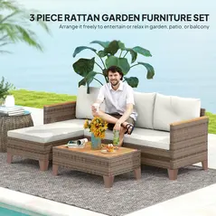 Outsunny 3 Pieces Rattan Garden Furniture Set, L Shaped Garden Conversation Chaise Lounge Furniture with Wood Top Coffee Table and Thick Cushions, Cream - 4