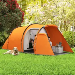 Outsunny 2-3 Man Tunnel Tents w/ Vestibule Camping Tent Porch Air Vents Weather-Resistant Shelter, Orange - 2