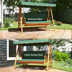 Outsunny 3 Seater 2-in-1 Wooden Garden Swing Seat Swing Chair Outdoor Convertible Hammock Bench Furniture Lounger Bed Wood, Dark Green - 4