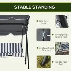 Outsunny 3 Seater Garden Swing Chair, Outdoor Swing Chair with Adjustable Canopy, Mental Frame & Cushions, Grey - 5