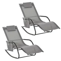 Outsunny 2PCs Outdoor Garden Rocking Chair, Patio Sun Lounger Rocker Chair with Breathable Mesh Fabric, Removable Headrest Pillow, Armrest, Side Storage Bag, Grey - 1